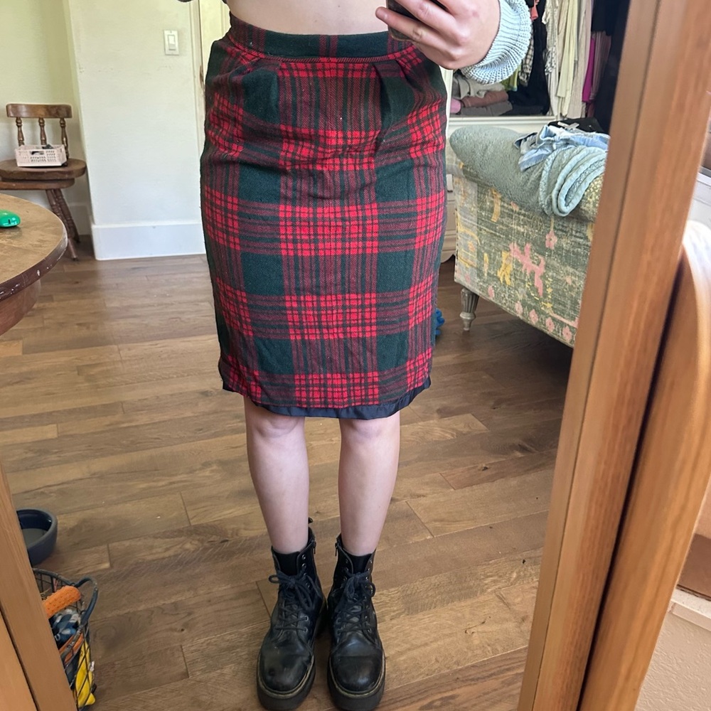 Handmade Red Wool Plaid Midi Skirt